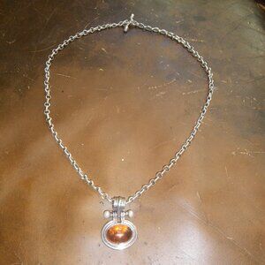 Women's Sterling Silver Heavy Chain Link Necklace w/ Large Amber Pendant
